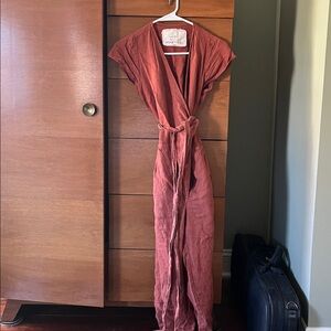 NotPerfectLinen Margaret Wrap Jumpsuit in redwood rust
